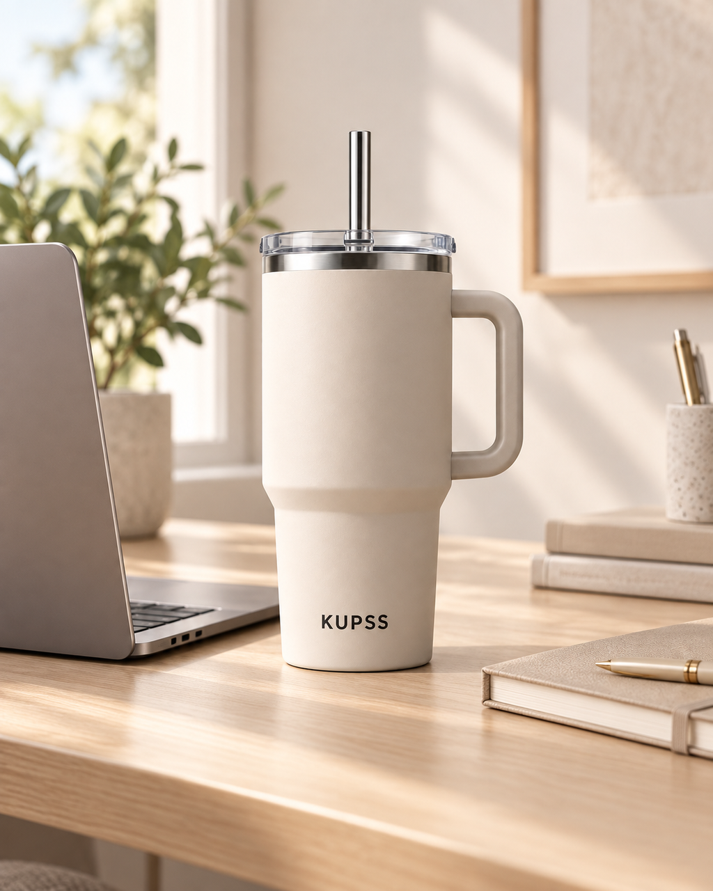 Kupss Compact Insulated Tumbler 420 ml op een warme minimalistische werkplek